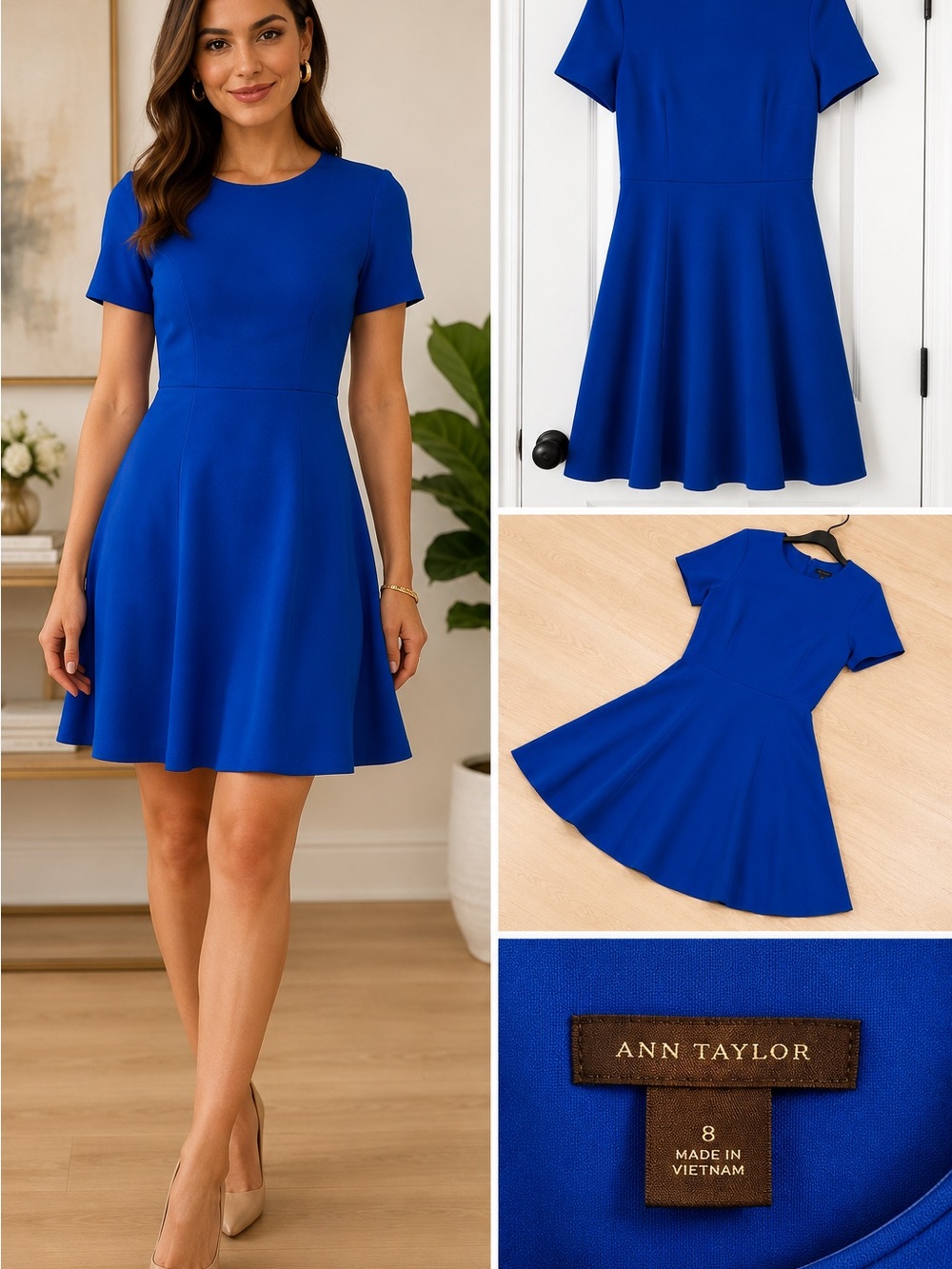 Ann Taylor Royal Blue Fit-and-Flare Short Sleeve Mini Dress